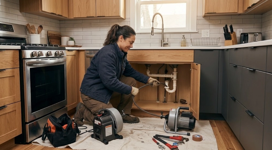 Plumbing technician clearing kitchen sink grease blockage during drain cleaning in Hell's Kitchen Manhattan