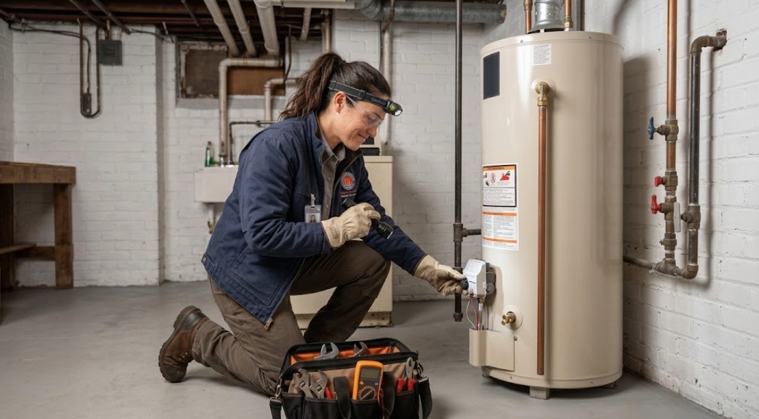 Plumber testing gas burner control valve for water heater repair in Hell's Kitchen Manhattan
